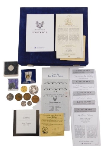 Collectors coins, comprising four replica Roman coins, a Charles I Newark siege half crown replica, three pennies and a 1953 coronation half crown in presentation pack, boxed. (a quantity)