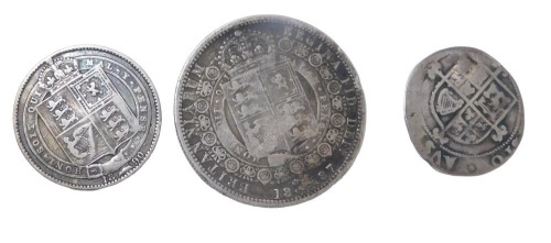 A Britannia 1887 Queen Victoria silver crown, a Queen Victoria 1890 half crown and an early silver coin. (3)