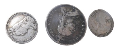 A Britannia 1887 Queen Victoria silver crown, a Queen Victoria 1890 half crown and an early silver coin. (3) - 2