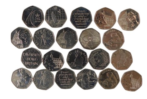 A group of collectors fifty pence pieces, to include Peter Rabbit, The Olympics, Royal Mail, Paddington, and others. (a quantity)