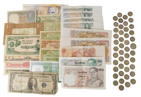 A group of foreign coinage and banknotes, to include Belgium francs, Brazil cruzados, Grecian notes, rupees, dollars, ten shillings, pounds, etc., and a group of pre decimal coinage, comprising sixpence and threepence pieces, etc. (a quantity)