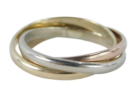 A 9ct gold tricolour infinity ring, of crossover design, ring size K½, 3.7g all in.