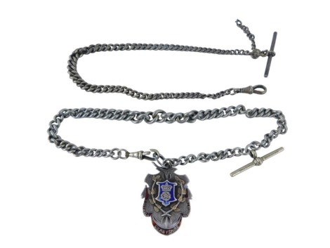 A silver curb link watch chain, with clip and T bar, silver shield fob marked Ellie Ranger and inscribed E Shepherd, 48g all in, and a plated watch chain. (a quantity)