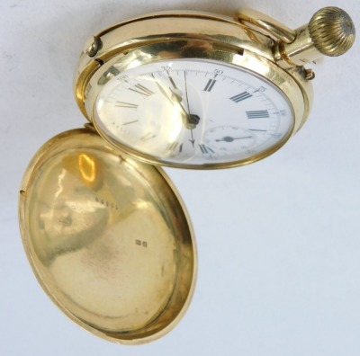 An 18ct gold full Hunter pocket watch, in a plain case with white enamel Roman numeric dial, and seconds dial, bezel wind, 100.2g all in. - 2