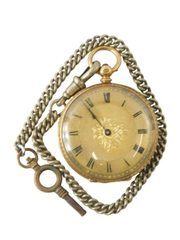 An 18ct gold continental fob watch, with a silver coloured dial with banjo and flowers, with black Roman numeric border, 39.4g all in, on a plated watch chain.