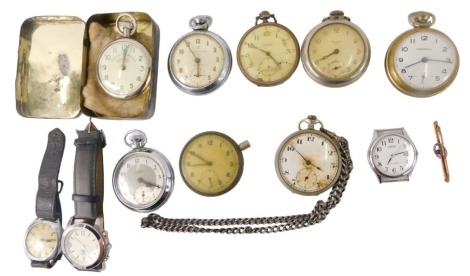 A group of pocket watches, Ingersoll brass pocket watch, chrome case military pocket watch, collectors tin, wristwatches, etc. (a quantity)