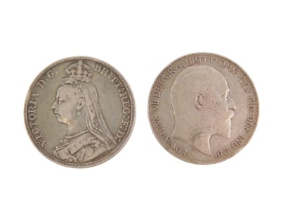 A Victoria silver 1889 five pound coin and a Edward VII silver five pound coin dated 1902, 55.9g all in. (2)