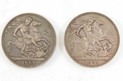 A Victoria silver 1889 five pound coin and a Edward VII silver five pound coin dated 1902, 55.9g all in. (2) - 2