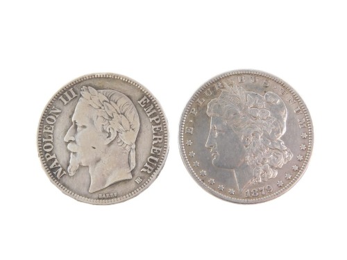 Two silver coins, comprising a Napoleon III Emperor 1869 five frank, and a United States of America one dollar, 51.4g all in. (2)