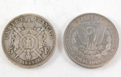 Two silver coins, comprising a Napoleon III Emperor 1869 five frank, and a United States of America one dollar, 51.4g all in. (2) - 2