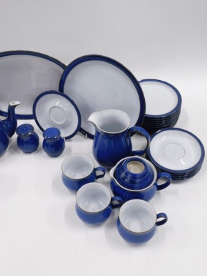 A Denby Dark Blue pattern part tea and dinner service, comprising teapot, six teacups, six saucers, nine side plates, four medium plates, six dinner plates, oval serving tray, milk jug, gravy boat, oval meat plate, salt and pepper, tureen and cover, and s - 3