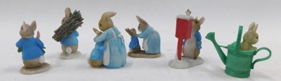 A group of Royal Albert Beatrix Potter figures, comprising Benjamin Bunny, Peter with Post Bag, Benjamin Ate a Lettuce Leaf, Peter Rabbit Gardening. - 2