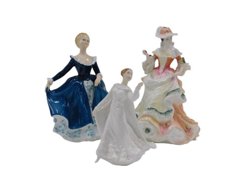 Three Royal Doulton figures, comprising large Flowers of Love Rose, large Janine and small Sentiments Wisdom. (3)