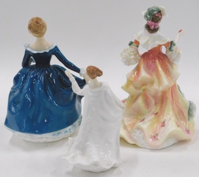 Three Royal Doulton figures, comprising large Flowers of Love Rose, large Janine and small Sentiments Wisdom. (3) - 2