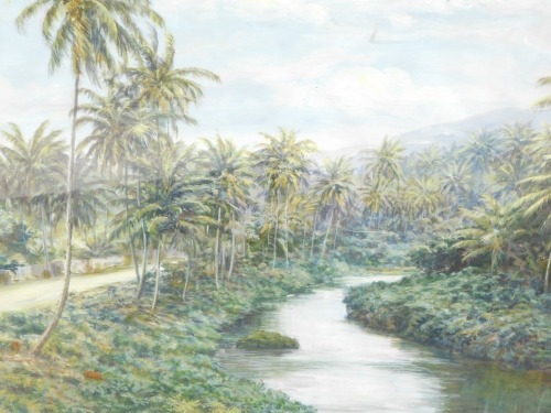 Ragom? (20thC). Palm river landscape, oil, indistinctly signed and dated (19)94, 49.5cm x 73.5cm.