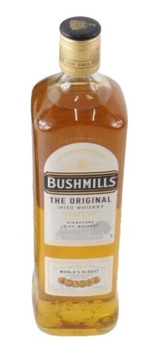 A bottle of Bushmills Original Irish whisky.