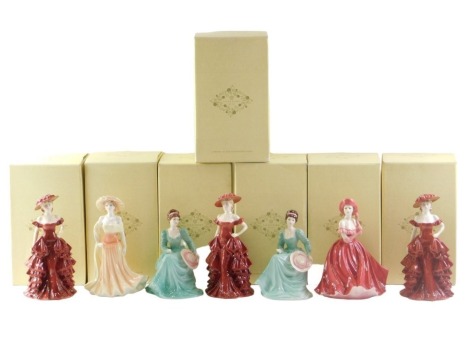 A collection of Coalport porcelain figurines, to include Yvonne (3), Madeline (2), Harriet and Colette, all with boxes.