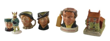 A collection of ceramics, to include three Royal Doulton character jugs, Beswick Jim Beam Bourbon whisky bottle, Royal Doulton Boy Skater Bunnykins, and a Border Fine Arts James Herriot Yorkshire Swaledale House.