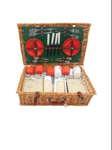 A fitted picnic basket, no maker, complete with Massey Ferguson napkins