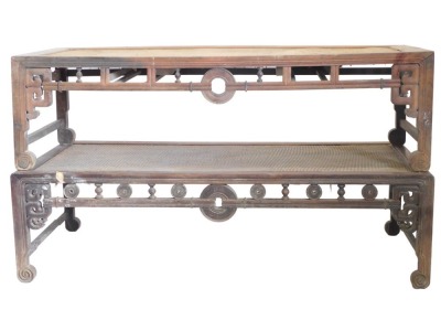 Two Chinese low coffee tables, the rectangular top with basket weave inset above plain frieze, on shaped legs, 51cm high, 179cm wide and a Chinese low or opium table, the rectangular top with basket weave inset, above a plain frieze, on shaped legs, 50cm