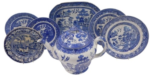 A large Maling Willow pattern teapot and cover, 37cm wide, meat dish, etc.