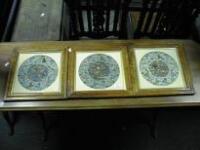 A set of 3 - 19thC Chinese embroidered circular panels worked in gold