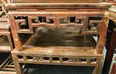 Two Chinese square coffee tables, with a pierced frieze on shaped legs, 50cm high, 92cm wide, and another 50cm high, 97.5cm wide. (AF)