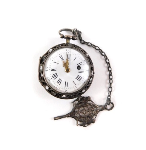 A silver coloured metal and paste set pocket watch, with French style enamel dial, the movement stamped Pennington & Typke London, 4.5cm diameter, silver coloured metal elaborate key and short chain.