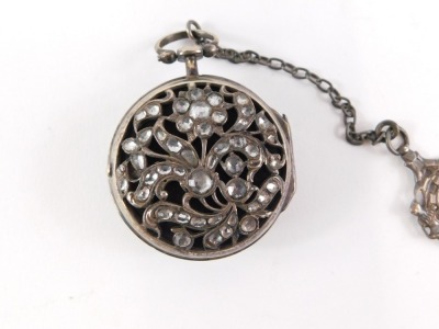 A silver coloured metal and paste set pocket watch, with French style enamel dial, the movement stamped Pennington & Typke London, 4.5cm diameter, silver coloured metal elaborate key and short chain. - 2