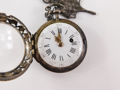 A silver coloured metal and paste set pocket watch, with French style enamel dial, the movement stamped Pennington & Typke London, 4.5cm diameter, silver coloured metal elaborate key and short chain. - 3