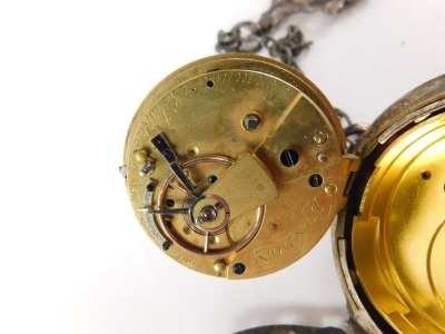 A silver coloured metal and paste set pocket watch, with French style enamel dial, the movement stamped Pennington & Typke London, 4.5cm diameter, silver coloured metal elaborate key and short chain. - 4