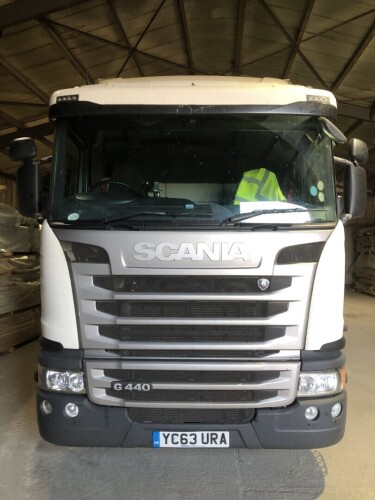 A Scania G440 curtainside lorry, registration YC63 URA, 762,963 recorded kilometres as at 15th August.