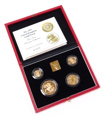 A 1997 United Kingdom gold proof four coin Sovereign Collection, in presentation box with certificate no. 0639, comprising a half sovereign, 3.99g, full sovereign 7.98g, £2, 15.97g, and a £5 coin, 39.94g.