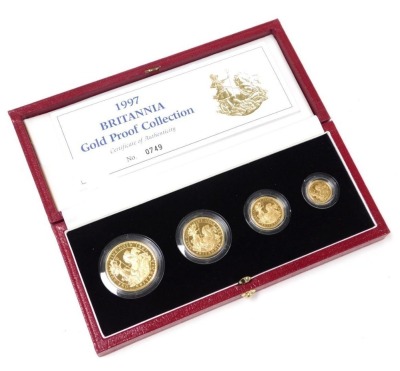 A 1997 United Kingdom Britannia gold proof collection, boxed with certificate, comprising a £100 1oz, £50 ½oz, £25 ¼oz, and £10 oz, approx 63g.