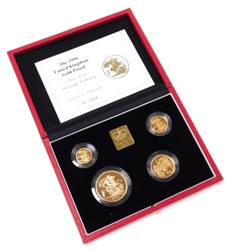 A Queen Elizabeth II Sovereign Portrait Collection, boxed with certificate, comprising half sovereign, 3.99g, sovereign, 7.98g, double sovereign, 15.97g, and a five pounds coin, 39.94g.