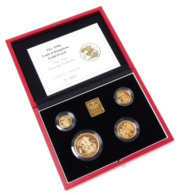 A Queen Elizabeth II Sovereign Portrait Collection, boxed with certificate, comprising half sovereign, 3.99g, sovereign, 7.98g, double sovereign, 15.97g, and a five pounds coin, 39.94g.