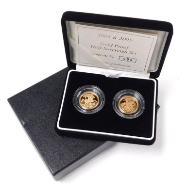 A gold proof half sovereign set 2004& 2005, boxed with certificate, approximately 8g.