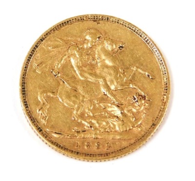 A Queen Victoria gold full sovereign 1892, approximately 8g.