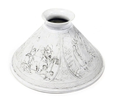 A late 19thC French lithopane lamp shade, moulded with five panels, showing a grandmother and grandchild in an interior, and figures in a wood, printed mark, 27cm wide.