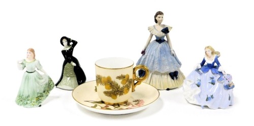 A Royal Worcester porcelain coffee cup and saucer, circa 1892, painted with flowers and blossom, together with a Coalport Beau Monde figure of Lynne, Fairest Flowers figure of Veronica, Wade figure of Marie, and a Coalport figure of Gail. (5)