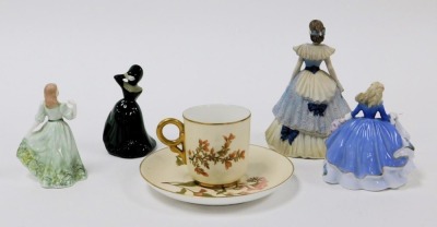 A Royal Worcester porcelain coffee cup and saucer, circa 1892, painted with flowers and blossom, together with a Coalport Beau Monde figure of Lynne, Fairest Flowers figure of Veronica, Wade figure of Marie, and a Coalport figure of Gail. (5) - 2