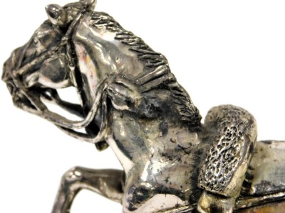 A pair of pewter military figures, mounted on horseback, raised on a wooden base, comprising the Blues & Royals, and 21st (Empress of India's) Lancers 1905, together with a Royal Hampshire figure group of the 8th Hussars, modelled by Richard Hanley, showi - 3