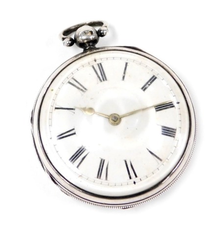 A Victorian silver cased pocket watch, open faced, key wind, circular enamel dial bearing Roman numerals, single fusee movement, number 601, the case with engine turned decoration, London 1839.