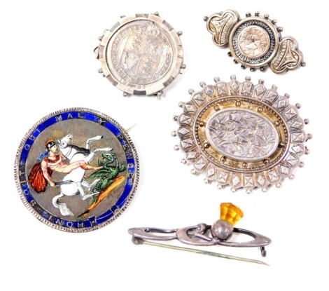 A Charles Horner silver thistle brooch, three further Victorian brooches, and a silver and enamel Georgian crown brooch.