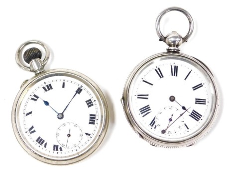 A late 19thC gentleman's pocket watch, open faced, key wind, circular enamel dial bearing Roman numerals, subsidiary seconds dial, the engine turned case marked fine silver, together with an early 20thC gentleman's pocket watch, open faced, keyless wind, 