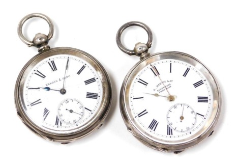 A late 19thC gentleman's pocket watch by Kendal & Dent, open faced, key wind, circular enamel dial bearing Roman numerals, subsidiary seconds dial, the engine turned case stamped 800, with vacant shield and garter reserve, and a further pocket watch, open