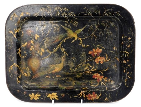 A 19thC Jennens and Bettridge papier mache tray, of rectangular form, painted with exotic birds, flowers and trees, impressed crown mark, 36cm wide.