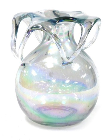 A late 19thC Continental iridescent glass vase, with an overflowing frilled glass rim, 17cm high.