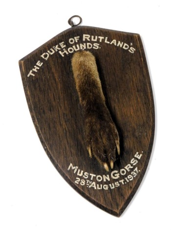 A mounted fox's paw, on an oak shield mount, detailed The Duke Of Rutland's Hounds, Muston Gorse, 28th August 1937.