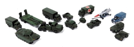 A group of Dinky diecast military vehicles, including a tank transporter, Centurion tank, ten tonne army truck, armoured and scout cars. (a quantity)